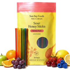 Sunbay Foods front packaging showing 50 honey sticks and benefits