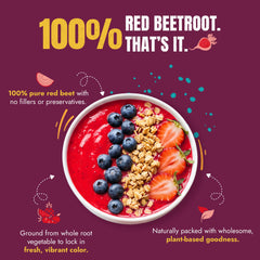 Pouring beet powder into a smoothie demonstrating Suncore Foods adding vibrant color