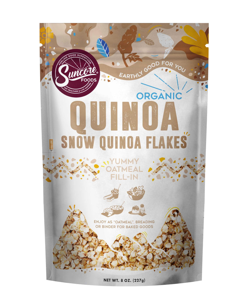Suncore Foods front packaging of 8oz white quinoa flakes showing clear label benefits