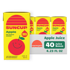 Suncup front packaging showing 40-pack apple juice for easy storage and quick serving