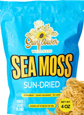 Sunflower Wellness front pack showing raw gold sea moss and benefits