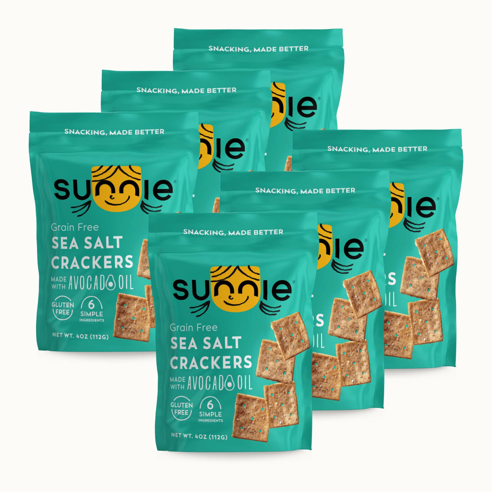 Sunnie front packaging showing sea salt crackers and clean ingredients benefit