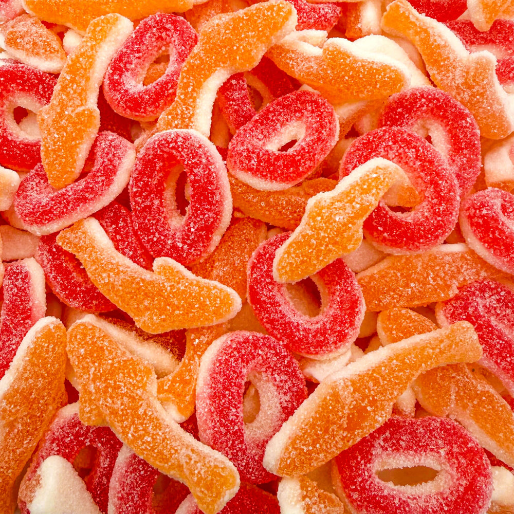 SUNNY ISLAND front of bag showing 2 lb peach gummy mix for parties