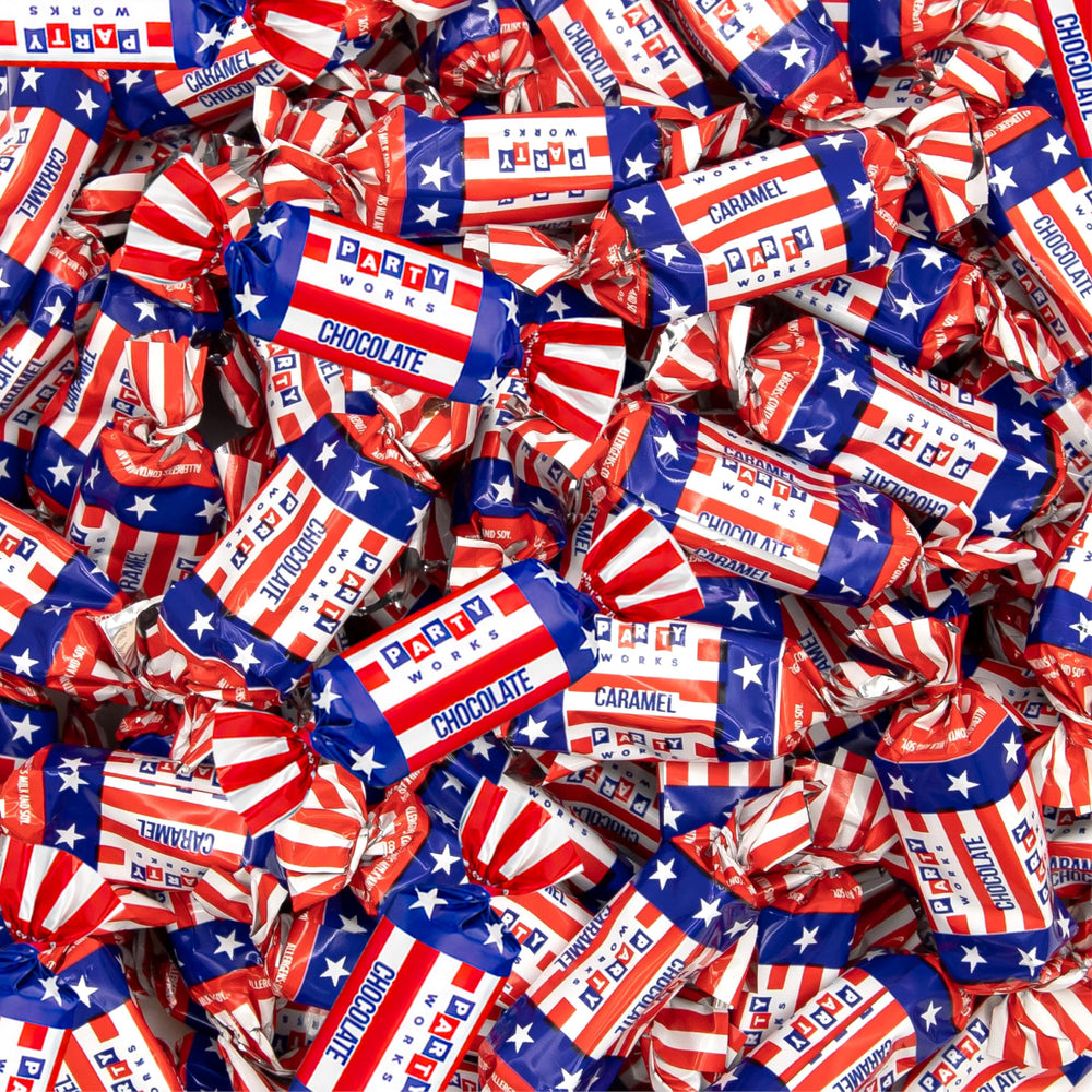 SUNNY ISLAND front packaging showing 2 lb patriotic caramels and clear branding benefit of bulk supply