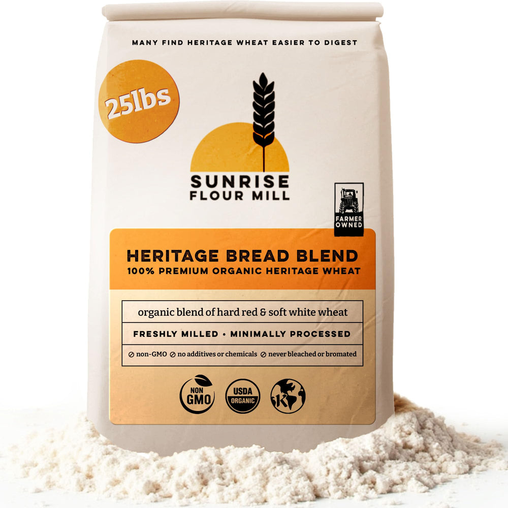 Sunrise Flour Mill front of bag showing organic 25 lb packaging and product identity