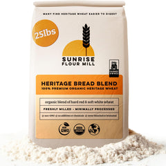 Sunrise Flour Mill front of bag showing organic 25 lb packaging and product identity