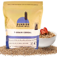 Sunrise Flour Mill front packaging showing organic 7-grain mix and clear branding benefit convenience