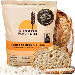Sunrise Flour Mill front packaging showing organic bread flour and benefits