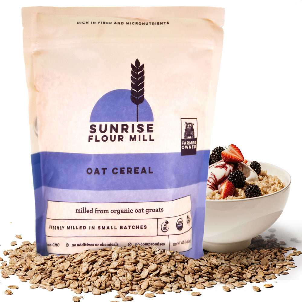 Sunrise Flour Mill front packaging showing organic 32 oz benefit