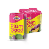 Sunsweet PlumGood front packaging showing four mini cans and health highlights