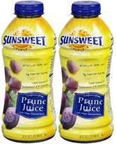 Sunsweet prune juice front packaging showing two 32 ounce bottles for pantry convenience