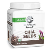 Sunwarrior tub front view showing organic chia seeds and clear labeling benefits
