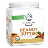 Sunwarrior peanut butter powder front packaging showing brand and organic label for pantry convenience