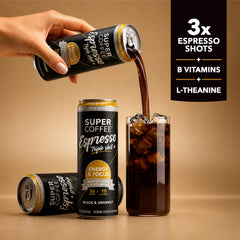 SUPER COFFEE pouring triple-shot espresso into glass for intense flavor