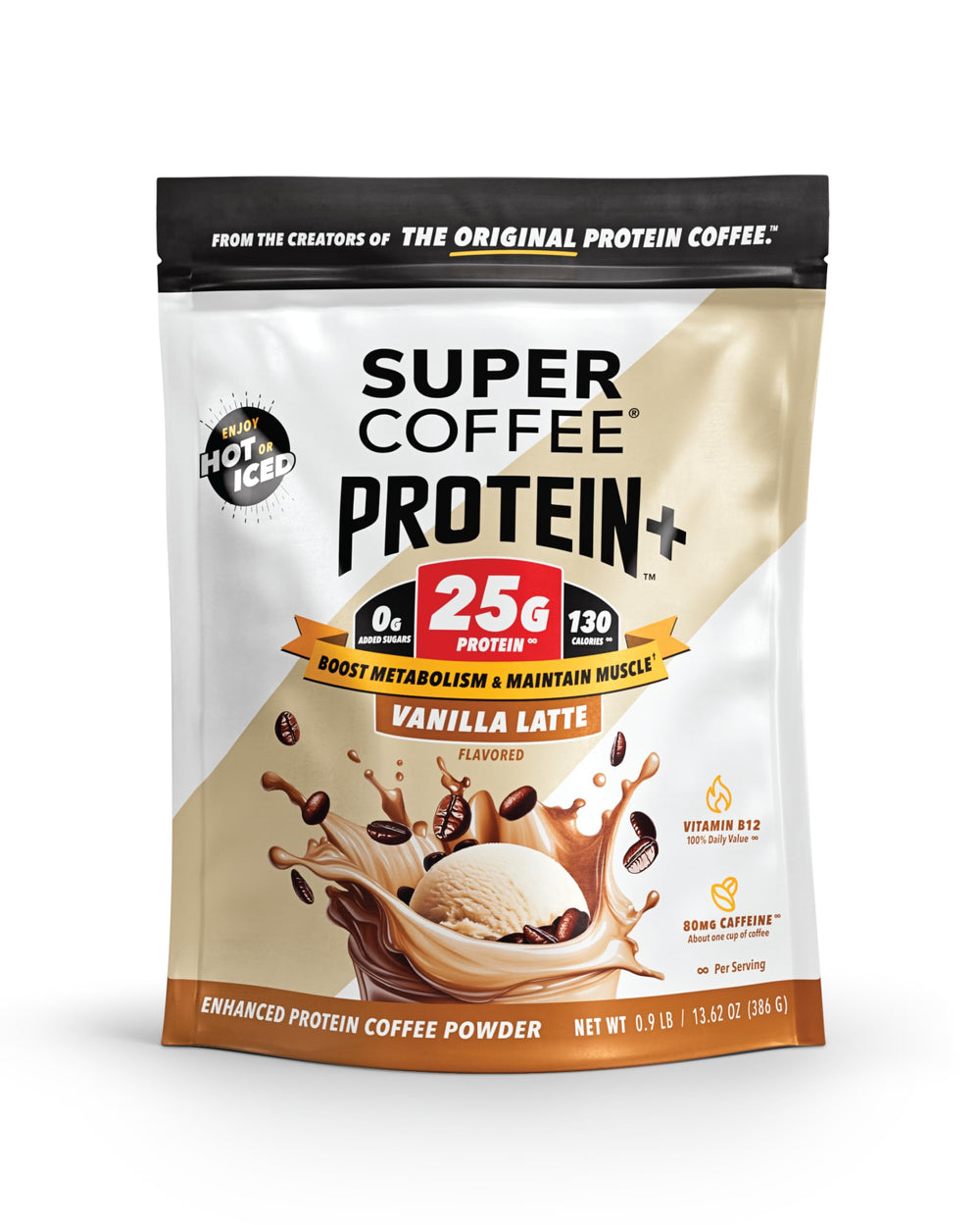 SUPER COFFEE front canister showing vanilla instant coffee convenience