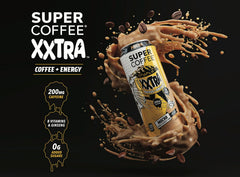 SUPER COFFEE XXTRA pouring from an open can into a glass for convenient ready-to-drink use