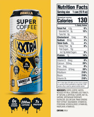 SUPER COFFEE XXTRA side label close-up highlighting protein, caffeine, and zero added sugar benefits