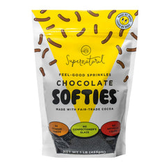 Supernatural front jar view showing chocolate sprinkles and clear labeling benefit: easy identification