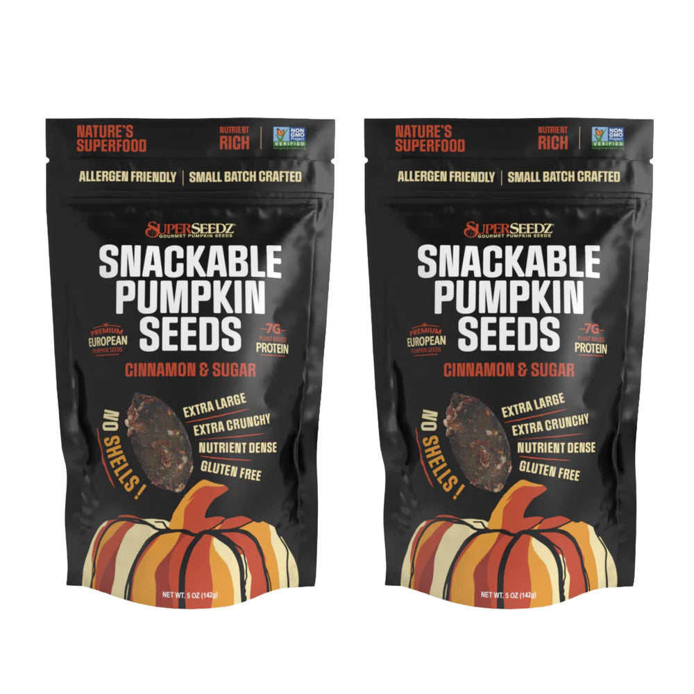 SuperSeedz front packaging showing cinnamon sugar flavor and resealable benefit