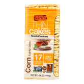SUZIE'S front packaging of corn cake thins showing organic label and low-calorie benefit
