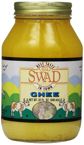 Swad ghee front packaging showing 32 ounce jar and clear label, highlights shelf-stable convenience