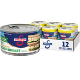 Swanson front packaging 12-pack showing cans and brand, convenient pantry protein