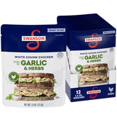 SWANSON S front packaging showing garlic and herbs flavor and ready-to-eat benefit
