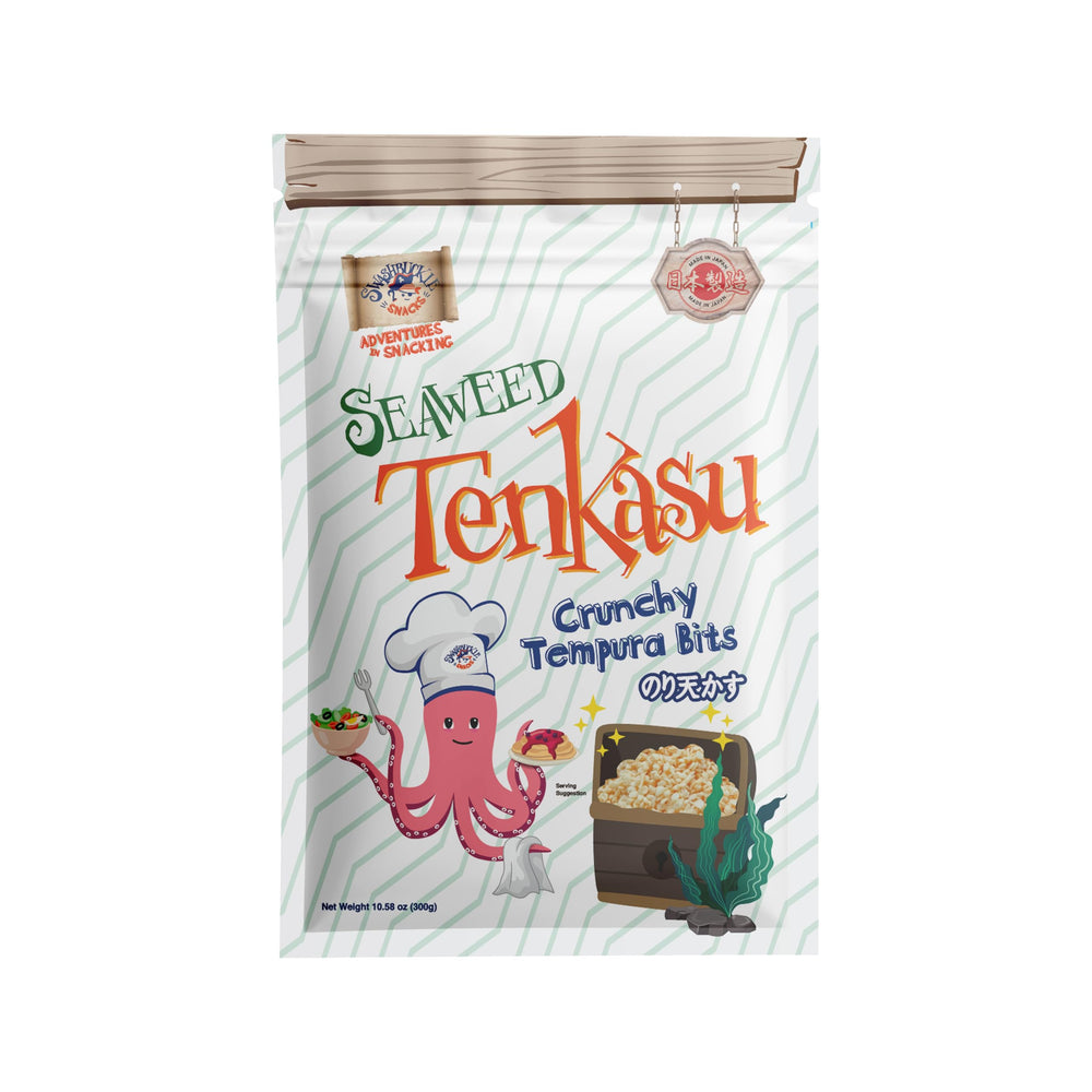 Swashbuckle Snacks front packaging shows seaweed tenkasu and convenience