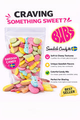 SwediSnax Bubs close-up of gummy texture highlighting fruity chew and fizz