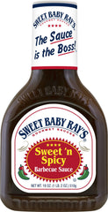 Sweet Baby Ray's hickory bottle label visible with smoky flavor cues and caramel notes