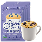 Sweet Logic front packaging showing blueberry mug cake mix and branding benefit convenience