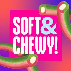 Single SweeTARTS rope on white background highlighting bendable shape and chewy appeal
