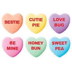 SWEETHEARTS close-up on pastel hearts with sayings showing readable messages