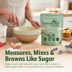 Measured scoop of SweetLeaf allulose demonstrating easy one-to-one substitution