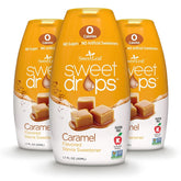 SweetLeaf caramel front packaging showing three bottles and label benefits