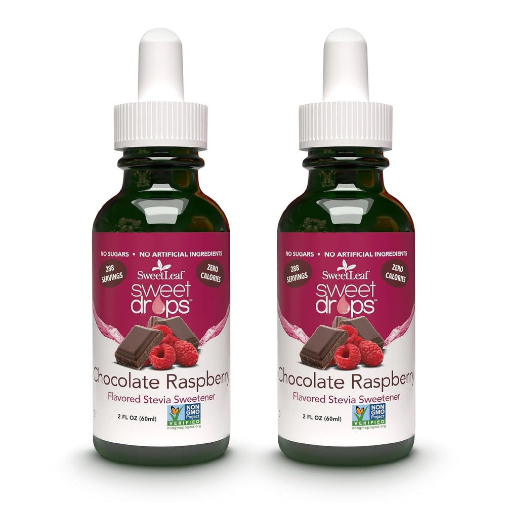 SweetLeaf front packaging showing chocolate raspberry flavor and compact bottle benefit