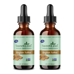 SweetLeaf bottle front packaging showing English Toffee flavor and benefit of zero-calorie sweetness