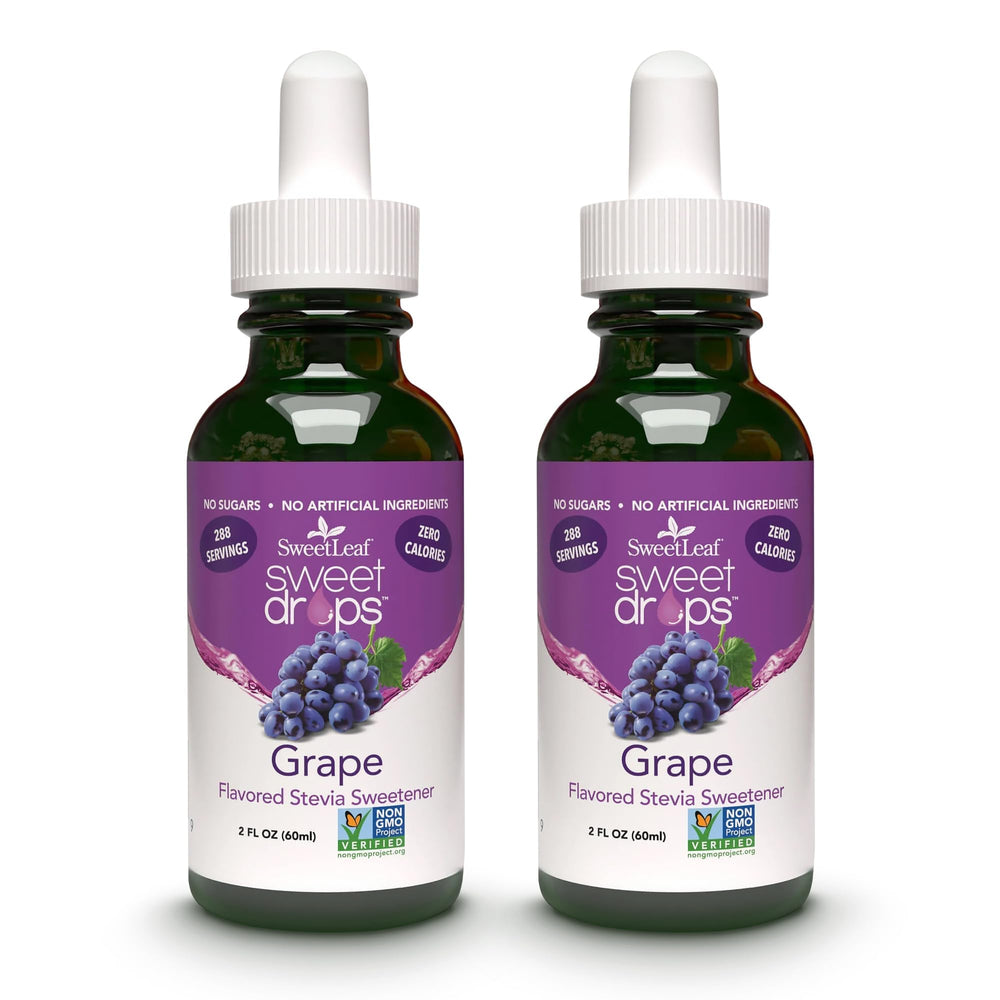 SweetLeaf front packaging showing grape flavor and two-bottle pack benefit