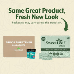 SweetLeaf opened packet pouring powder into cup demonstrating simple use