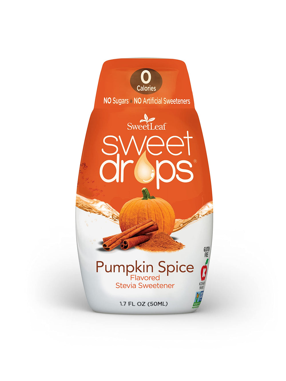SweetLeaf bottle front packaging showing pumpkin spice flavor and zero-calorie benefit