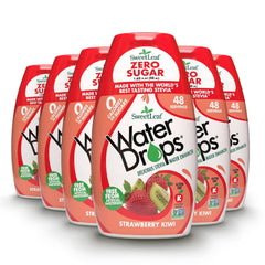 SweetLeaf front packaging showing six strawberry kiwi bottles and clear branding, convenient for travel