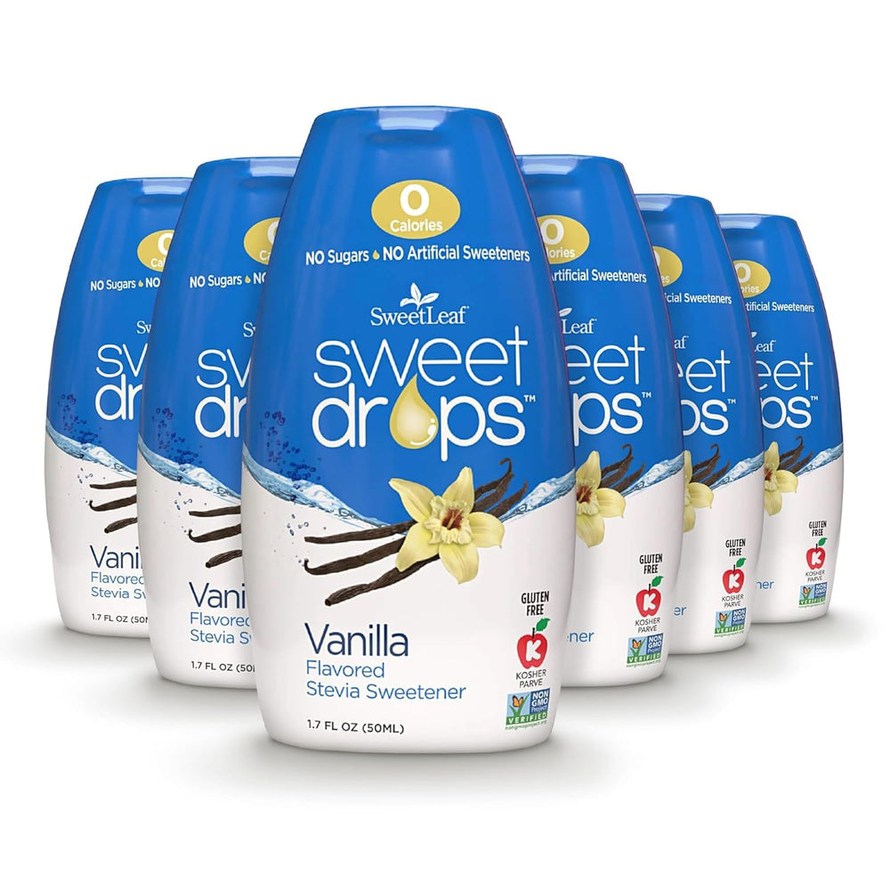 SweetLeaf front packaging showing vanilla liquid sweetener, convenient zero-calorie option