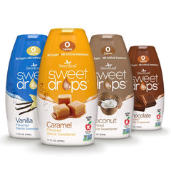 SweetLeaf variety pack front view showing four flavored bottles and benefits
