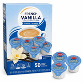 Sweetmo front packaging showing 50-count French vanilla creamers and easy storage benefits