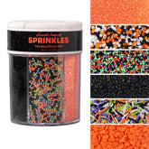 Sweets Indeed jar front view shows six Halloween sprinkle compartments and lid convenience