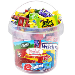 SWEETSIDE CANDY CO. front packaging showing 2 lb bucket and colorful wrappers for easy gifting