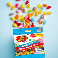Sweetzo open bag spilling assorted jelly beans illustrating portion size