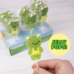 Sweetzo three frog lollipops showing varied outfits for visual party variety