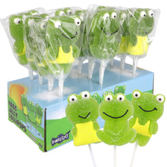 Sweetzo close-up of an individually wrapped frog jelly lollipop for freshness