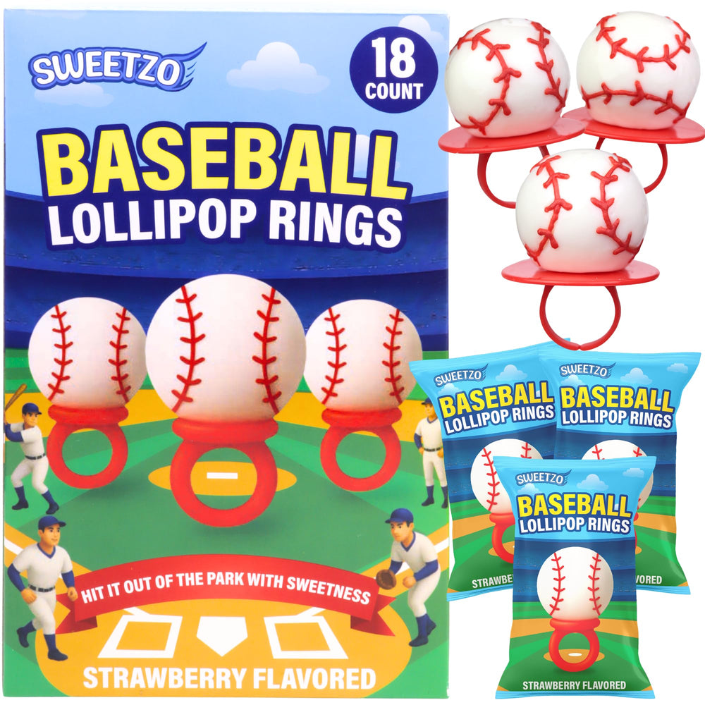 Sweetzo front packaging showing 18 baseball lollipop rings, ideal for parties